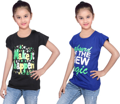

IndiWeaves Girls Printed Cotton T Shirt(Multicolor, Pack of 2, Black;blue