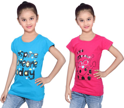 

IndiWeaves Girls Printed Cotton T Shirt(Multicolor, Pack of 2, Blue;pink