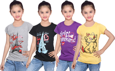 

IndiWeaves Girls Printed Cotton T Shirt(Multicolor, Pack of 4, Black;grey;purple;yellow