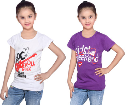 

IndiWeaves Girls Printed Cotton T Shirt(Multicolor, Pack of 2, Purple;white