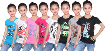 

IndiWeaves Girls Printed Cotton T Shirt(Multicolor, Pack of 8, Black;blue;grey;pink;white