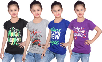

IndiWeaves Girls Printed Cotton T Shirt(Multicolor, Pack of 4, Black;blue;grey;purple