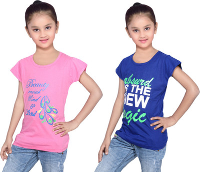 

IndiWeaves Girls Printed Cotton T Shirt(Multicolor, Pack of 2, Blue;pink