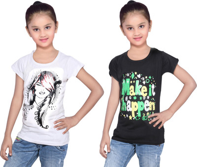 

IndiWeaves Girls Printed Cotton T Shirt(Multicolor, Pack of 2, Black;white