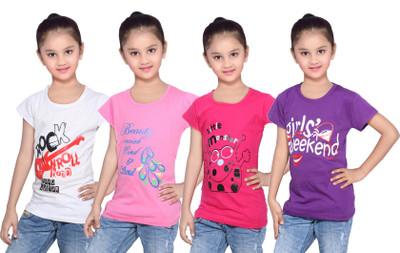 

IndiWeaves Girls Printed Cotton T Shirt(Multicolor, Pack of 4, Pink;purple;white