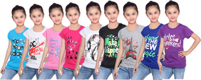 

IndiWeaves Girls Printed Cotton T Shirt(Multicolor, Pack of 9, Black;blue;grey;pink;purple;white
