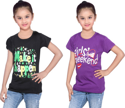 

IndiWeaves Girls Printed Cotton T Shirt(Multicolor, Pack of 2, Black;purple