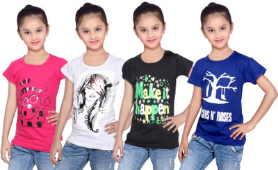 

IndiWeaves Girls Printed Cotton T Shirt(Multicolor, Pack of 4, Black;blue;pink;white