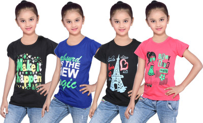 

IndiWeaves Girls Printed Cotton T Shirt(Multicolor, Pack of 4, Black;blue;red
