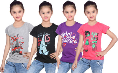 

IndiWeaves Girls Printed Cotton T Shirt(Multicolor, Pack of 4, Black;grey;purple;red