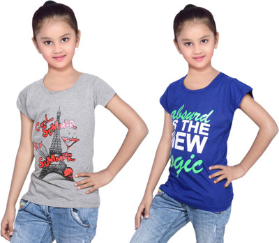 

IndiWeaves Girls Printed Cotton T Shirt(Multicolor, Pack of 2, Blue;grey