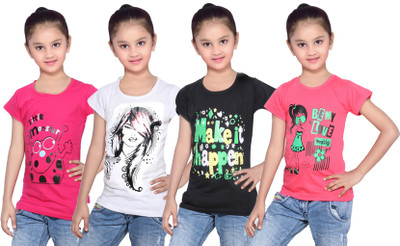 

IndiWeaves Girls Printed Cotton T Shirt(Multicolor, Pack of 4, Black;pink;red;white