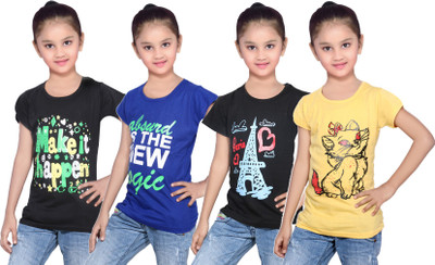 

IndiWeaves Girls Printed Cotton T Shirt(Multicolor, Pack of 4, Black;blue;yellow