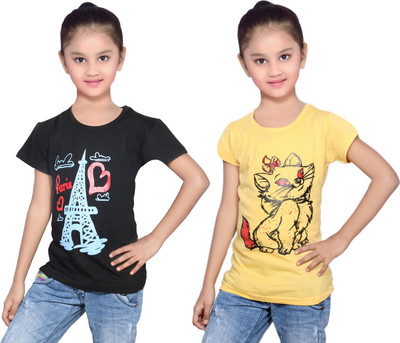 

IndiWeaves Girls Printed Cotton T Shirt(Multicolor, Pack of 2, Black;yellow