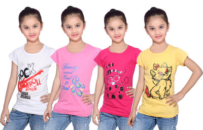 

IndiWeaves Girls Printed Cotton T Shirt(Multicolor, Pack of 4, Pink;white;yellow