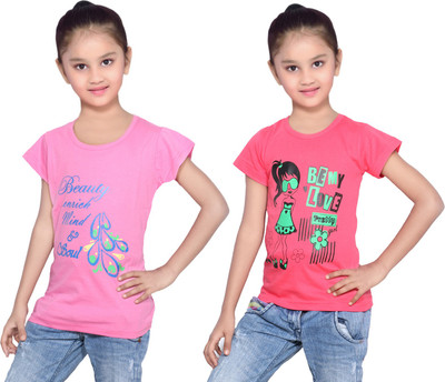 

IndiWeaves Girls Printed Cotton T Shirt(Multicolor, Pack of 2, Pink;red