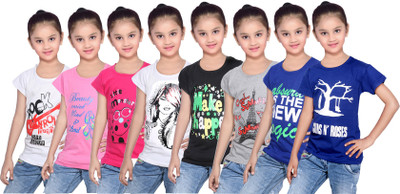 

IndiWeaves Girls Printed Cotton T Shirt(Multicolor, Pack of 8, Black;blue;grey;pink;white