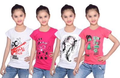 

IndiWeaves Girls Printed Cotton T Shirt(Multicolor, Pack of 4, Pink;red;white