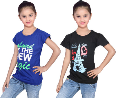 

IndiWeaves Girls Printed Cotton T Shirt(Multicolor, Pack of 2, Black;blue