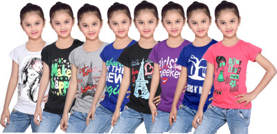 

IndiWeaves Girls Printed Cotton T Shirt(Multicolor, Pack of 8, Black;blue;grey;purple;red;white
