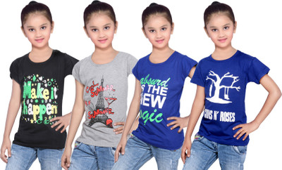 

IndiWeaves Girls Printed Cotton T Shirt(Multicolor, Pack of 4, Black;blue;grey