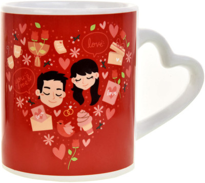 

Halowishes Fancy Design Printed Heart Handle Coffee Ceramic Mug(325 ml), Multicolor