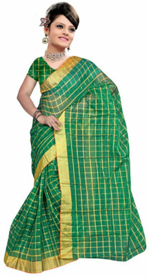Stylish Sarees Checkered Kota Doria Cotton Blend Saree(Green)