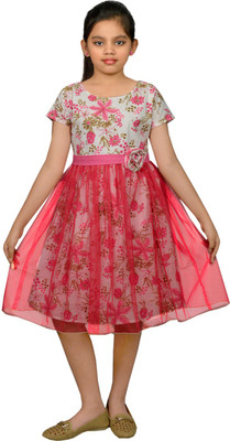 

Ssmitn Girls Midi/Knee Length Casual Dress(Multicolor, Half Sleeve, White & pink