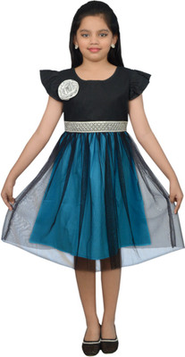 

SSMITN Girl's Midi/Knee Length Party Dress(Multicolor, Cap sleeve, Black & blue