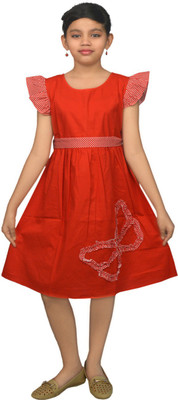 

SSMITN Girl's Midi/Knee Length Casual Dress(Red, Cap sleeve