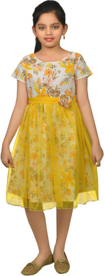 

Ssmitn Girls Midi/Knee Length Casual Dress(Multicolor, Half Sleeve, White & yellow