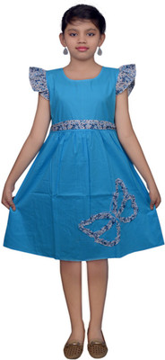 

SSMITN Girl's Midi/Knee Length Casual Dress(Blue, Cap sleeve