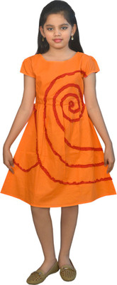 

Ssmitn Girls Midi/Knee Length Casual Dress(Orange, Half Sleeve