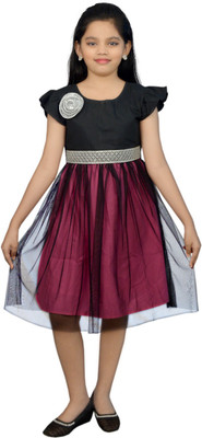 

SSMITN Girl's Midi/Knee Length Party Dress(Multicolor, Cap sleeve, Black & purple