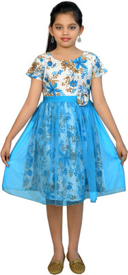 

Ssmitn Girls Midi/Knee Length Casual Dress(Multicolor, Half Sleeve, White & blue