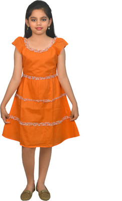 

SSMITN Girl's Midi/Knee Length Casual Dress(Orange, Cap sleeve