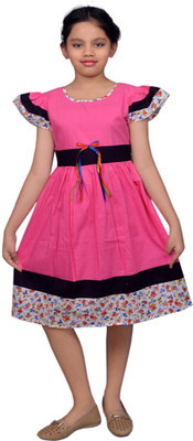 

SSMITN Girl's Midi/Knee Length Casual Dress(Pink, Cap sleeve