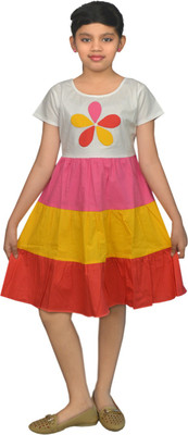 

Ssmitn Girls Midi/Knee Length Casual Dress(Multicolor, Half Sleeve, Multi colored