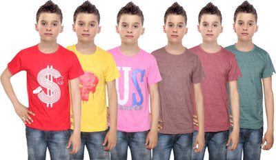 IndiWeaves Boys Printed Cotton T Shirt(Multicolor, Pack of 6, Brown;green;pink;red;yellow