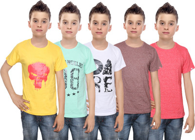 IndiWeaves Boys Printed Cotton T Shirt(Multicolor, Pack of 5, Brown;green;red;white;yellow