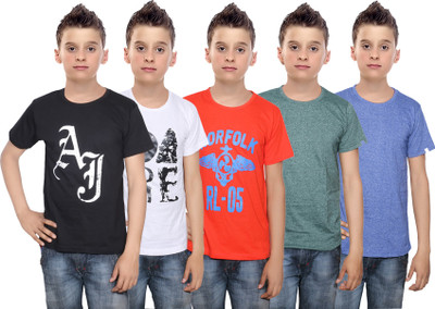 

IndiWeaves Boys Printed Cotton T Shirt(Multicolor, Pack of 5, Black;blue;green;orange;white