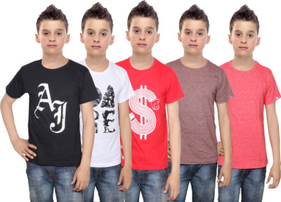

IndiWeaves Boys Printed Cotton T Shirt(Multicolor, Pack of 5, Black;brown;red;white
