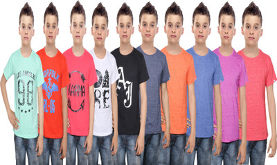 

IndiWeaves Boys Printed Cotton T Shirt(Multicolor, Pack of 10, Black;blue;green;orange;pink;red;white