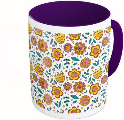 

MiiCreations Printed Two Tone Blue And White Flower and Leaves Pattern Ceramic Mug(325 ml), Multicolor