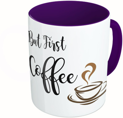 

MiiCreations Printed Two Tone Blue And White But First Coffee Ceramic Mug(325 ml), Multicolor