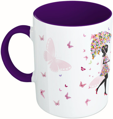 

MiiCreations Printed Two Tone Blue And White Beautiful Butterfly Girl Ceramic Mug(325 ml), Multicolor