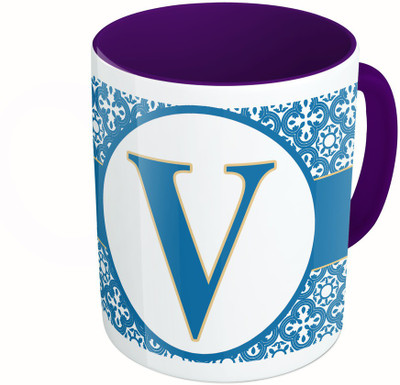 

MiiCreations Printed Two Tone Blue And White Alphabet Letter "V" Ceramic Mug(325 ml), Multicolor