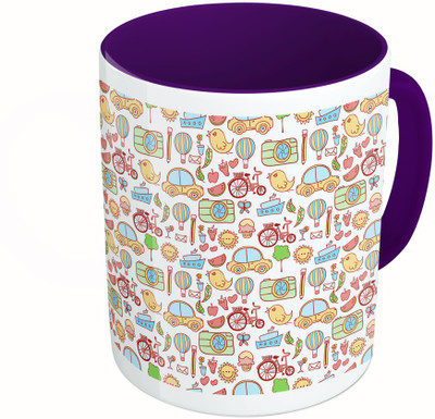

MiiCreations Printed Two Tone Blue And White Cartoons City Elements Pattern Ceramic Mug(325 ml), Multicolor