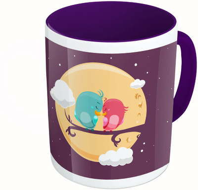 

MiiCreations Printed Two Tone Blue And White Love Birds Ceramic Mug(325 ml), Multicolor