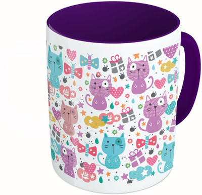 

MiiCreations Printed Two Tone Blue And White Cute Cat Faces Ceramic Mug(325 ml), Multicolor